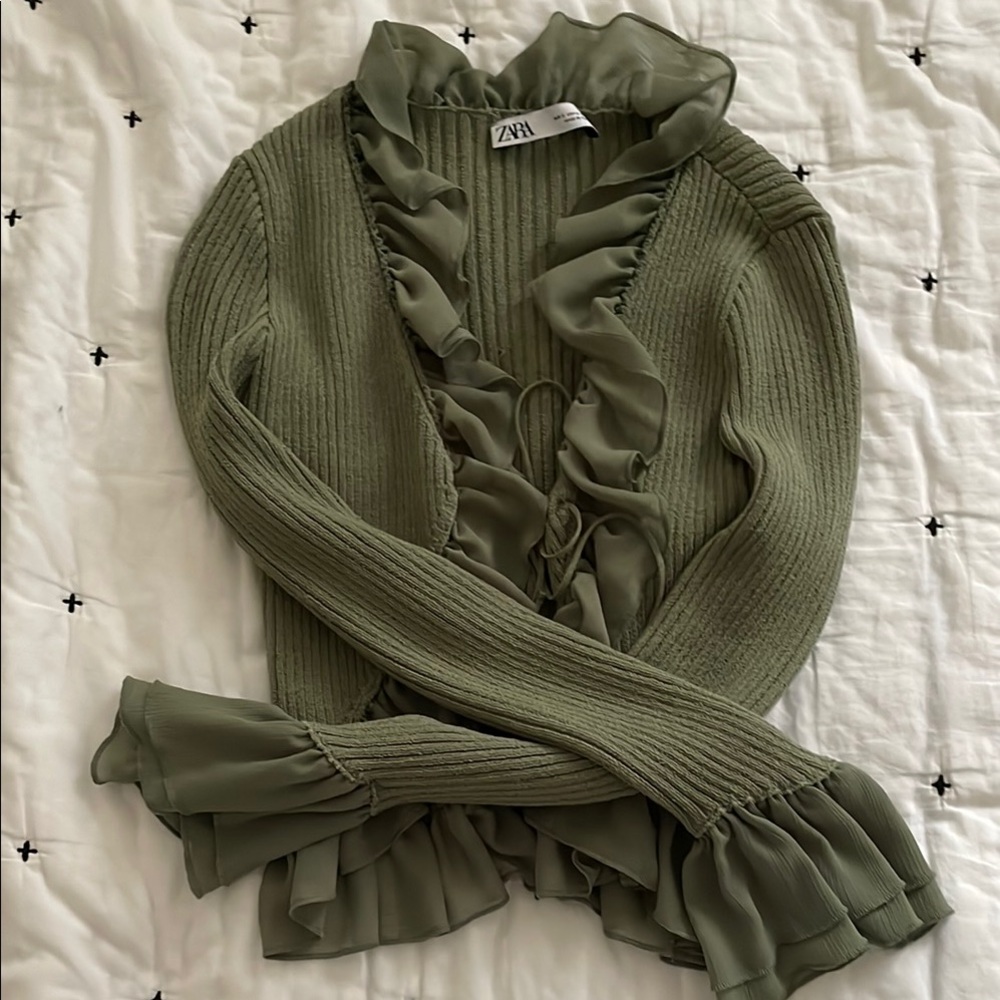 Zara Olive Green Ruffled Cardigan